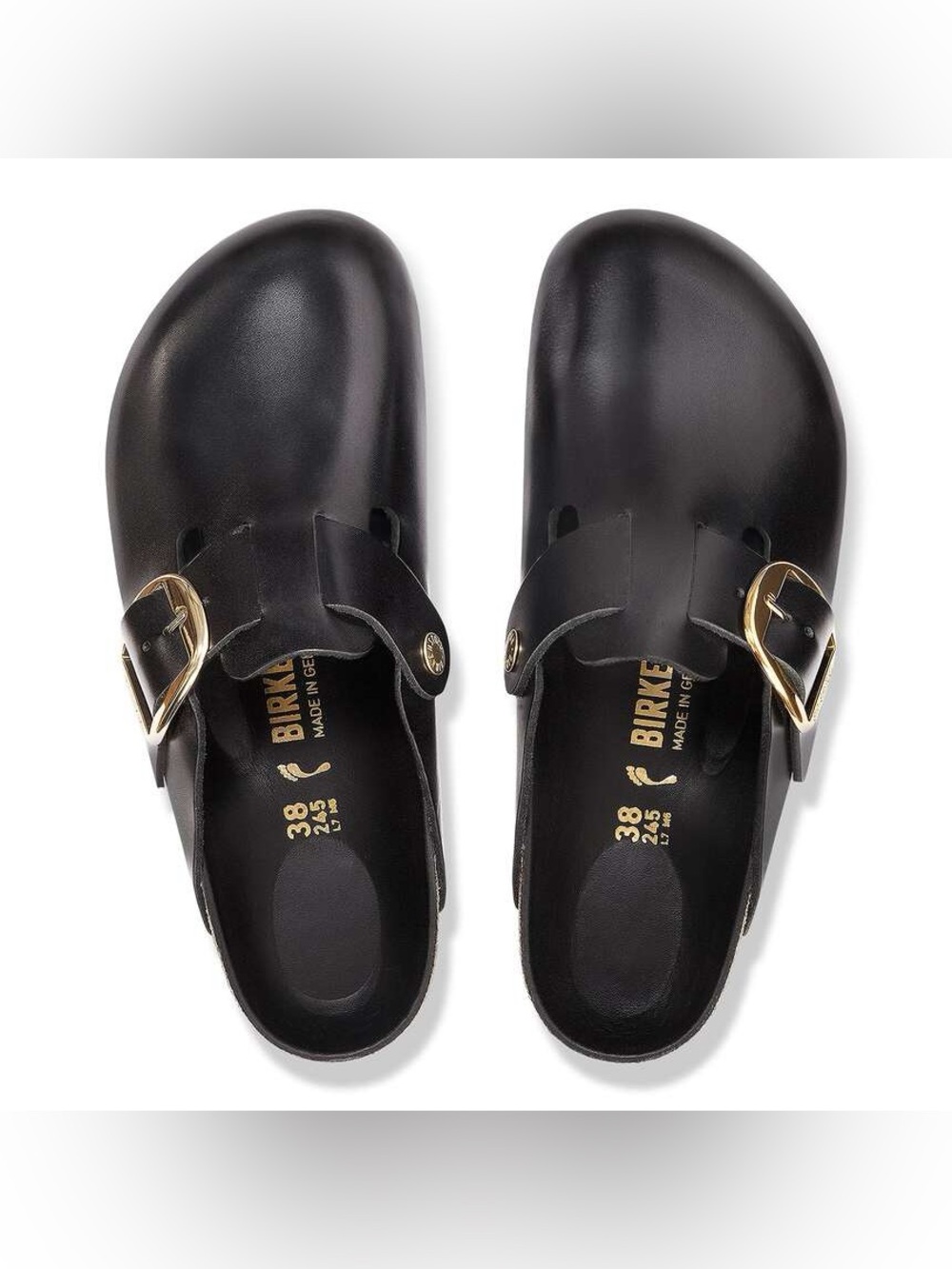 Birkenstock Boston Big Buckle Clogs Black Dressy Leather Gold Buckle US 10 NWT
